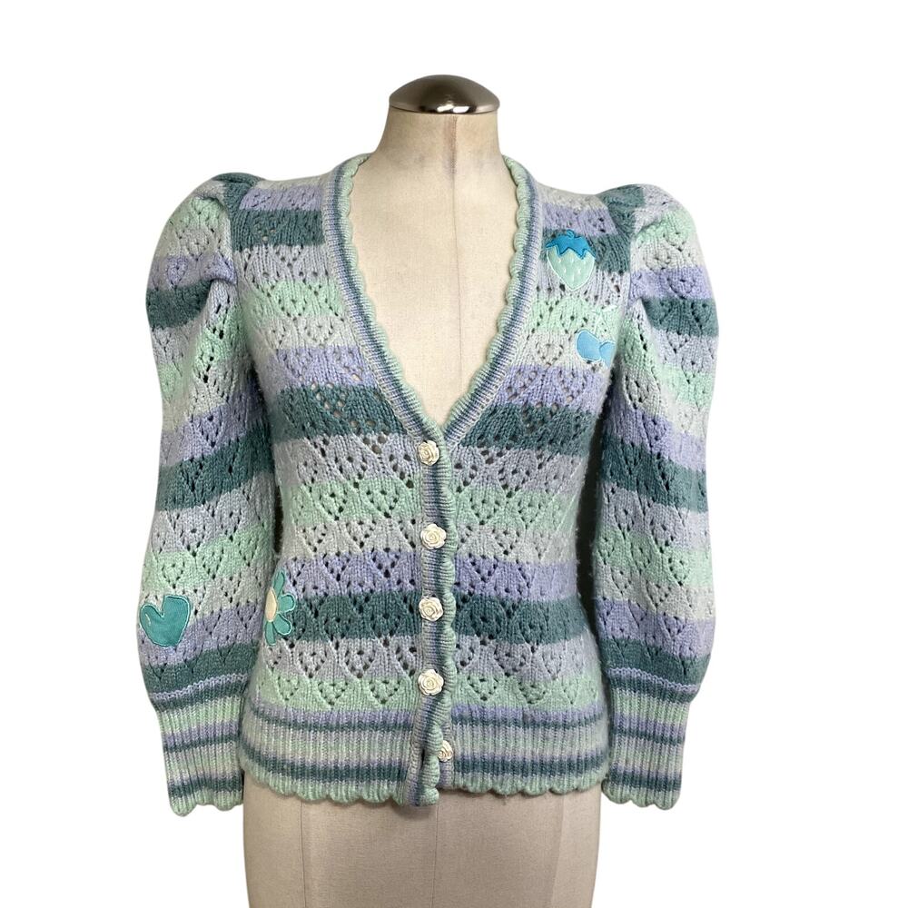 LoveShackFancy Blue Embroidered Striped Cottagecore Coquette Wool Cardigan XS
